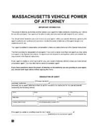 Massachusetts Motor Vehicle Power of Attorney Form