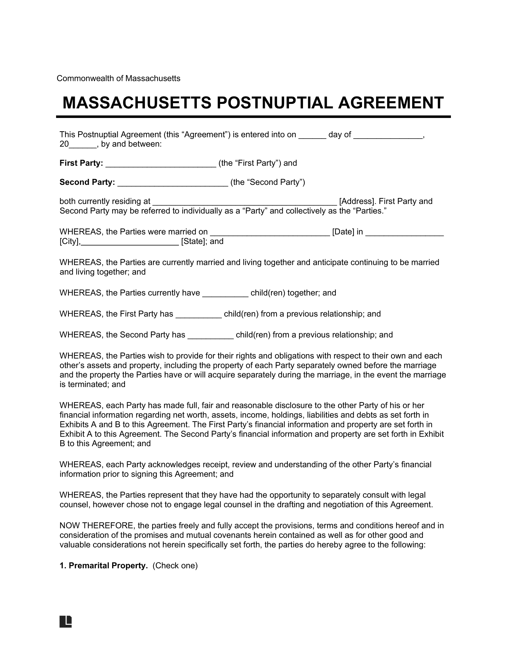 Massachusetts Postnuptial Agreement Template