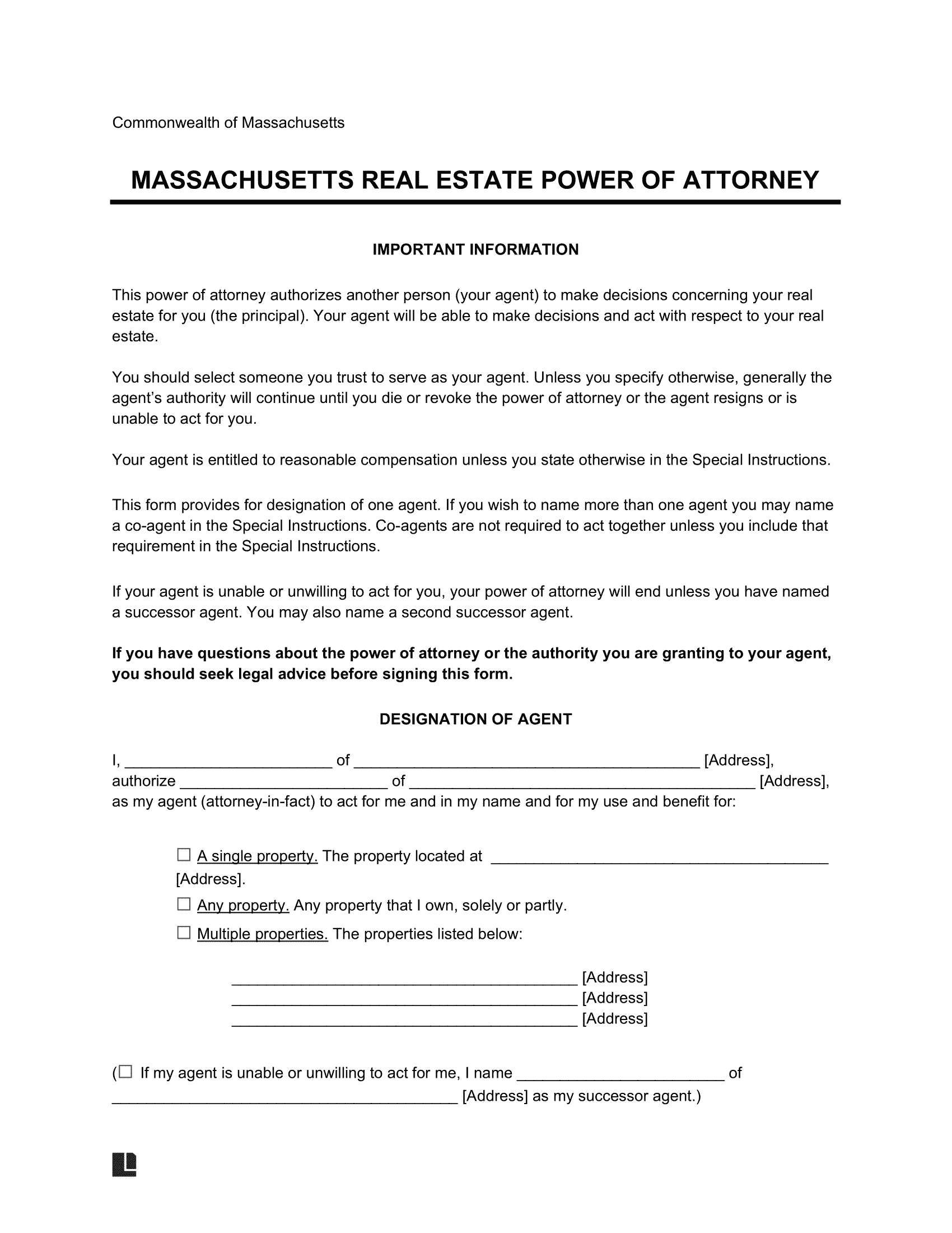 Massachusetts Real Estate Power of Attorney Form