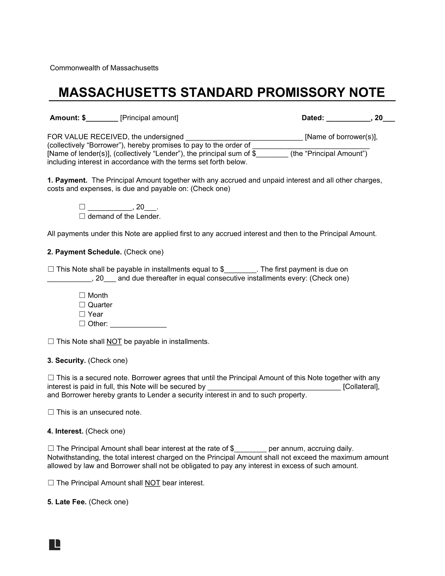 Massachusetts Standard Promissory Note Template