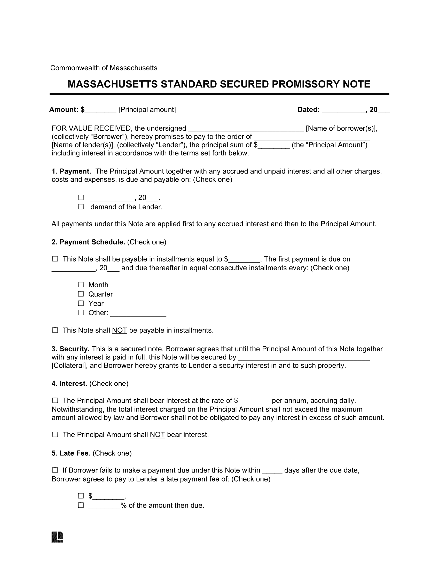 Massachusetts Standard Secured Promissory Note Template