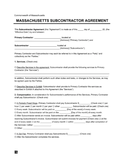Massachusetts Subcontractor Agreement Sample