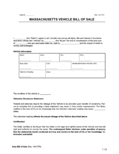 Massachusetts vehicle bill of sale form