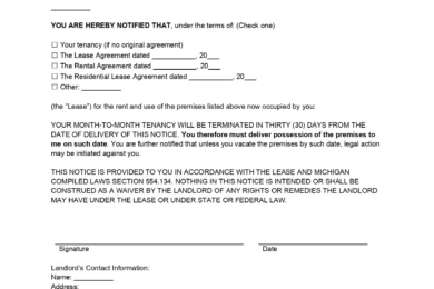 Michigan Lease Termination Letter 30-Day Notice