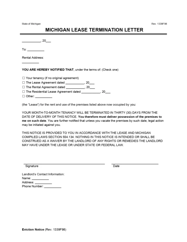 Michigan Lease Termination Letter 30-Day Notice