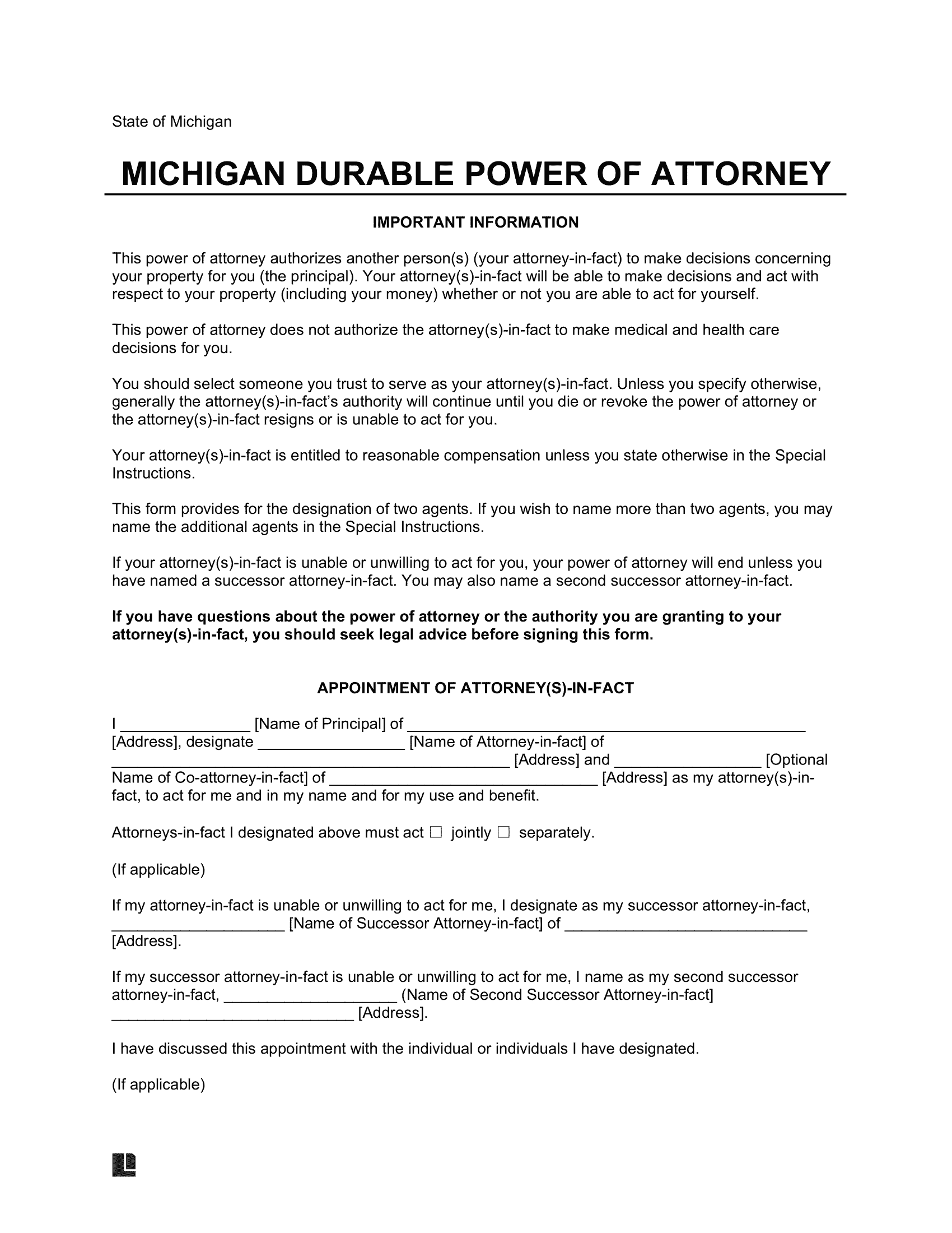 Michigan Durable Power of Attorney Form