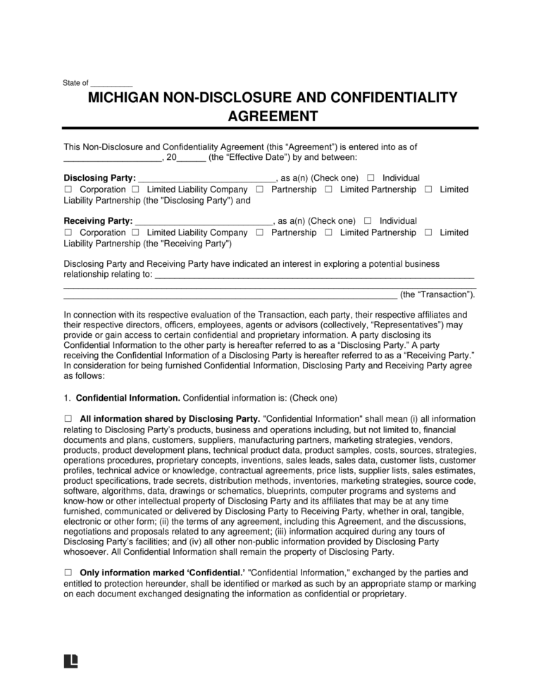 Free Michigan Non-disclosure Agreement Template 