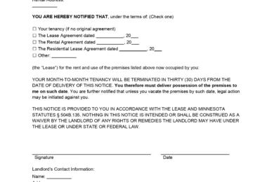 Minnesota Lease Termination Letter (30-Day Notice)