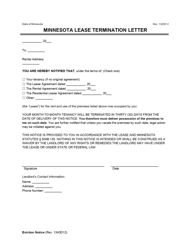 Minnesota Lease Termination Letter (30-Day Notice)