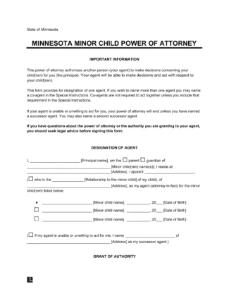 Minnesota Minor Child Power of Attorney Form