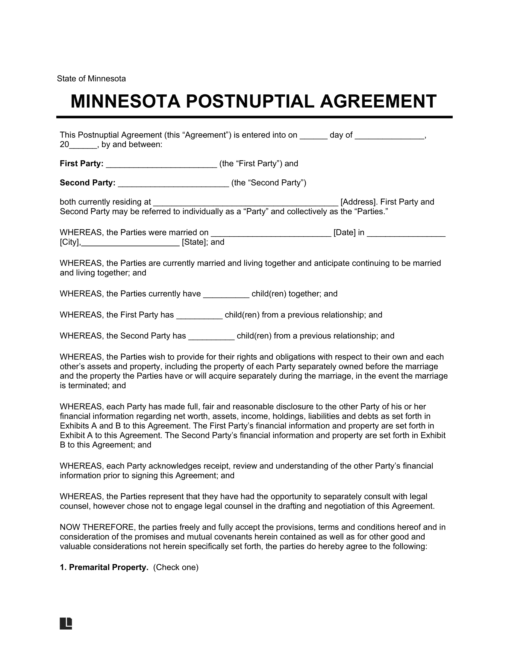 Minnesota Postnuptial Agreement Template
