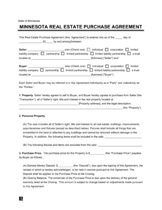 Minnesota Real Estate Purchase Agreement Form