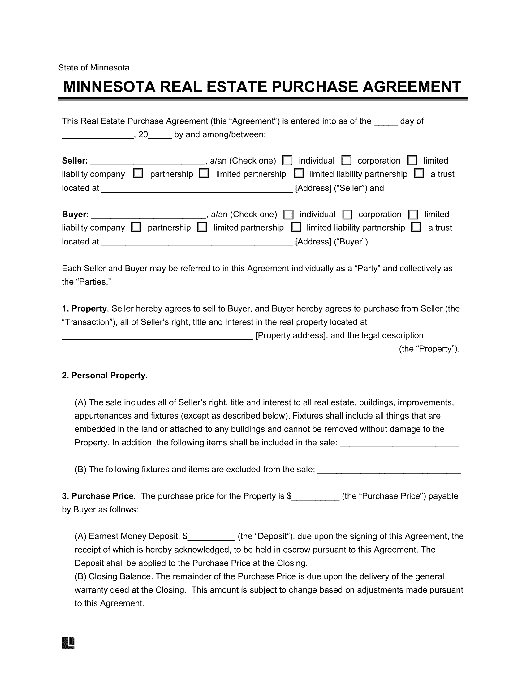 Minnesota Real Estate Purchase Agreement Form