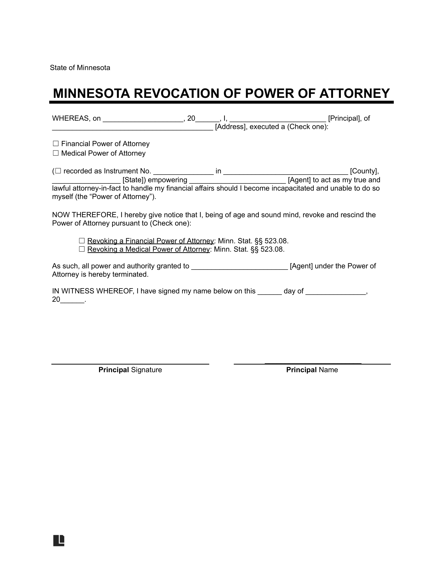Minnesota Revocation Power of Attorney Form