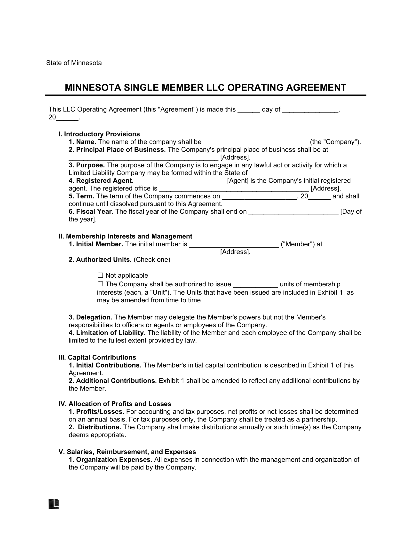 Minnesota Single Member LLC Operating Agreement Form