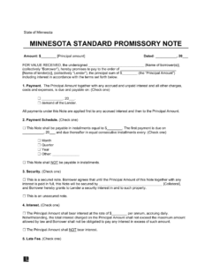 Minnesota Standard Promissory Note Template