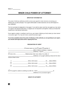 Minor Child Power of Attorney Template