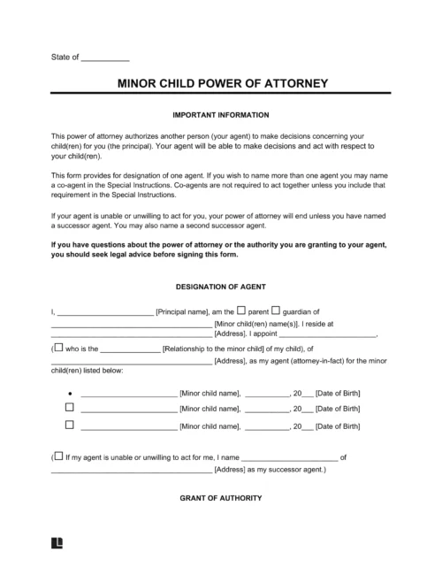 Minor Child Power of Attorney Template