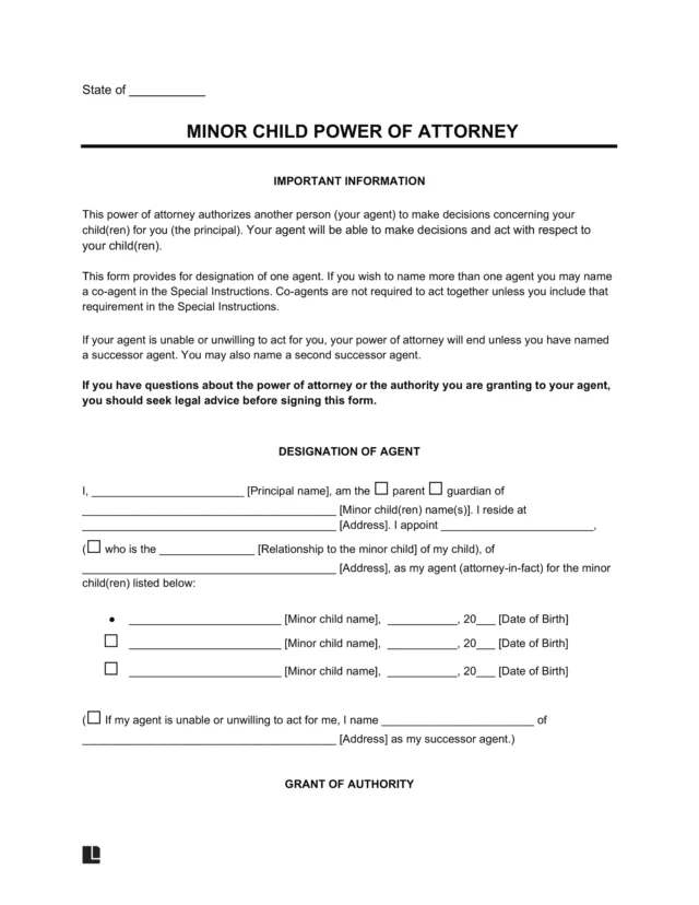 Minor Child Power of Attorney Template