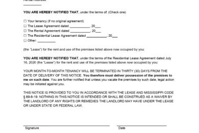 Mississippi Lease Termination Letter (30-Day Notice)