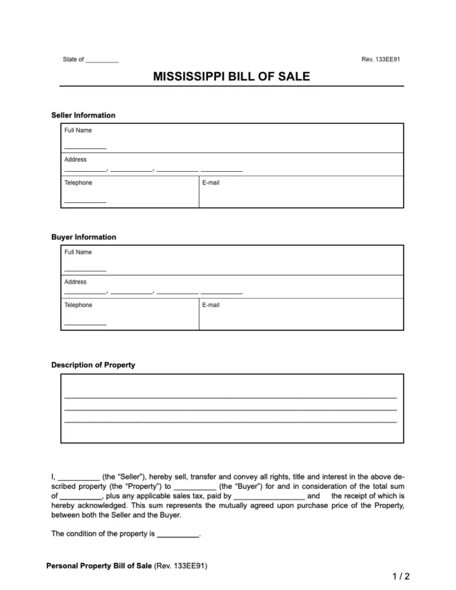 Mississippi bill of sale form