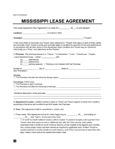Mississippi Lease Agreement Template