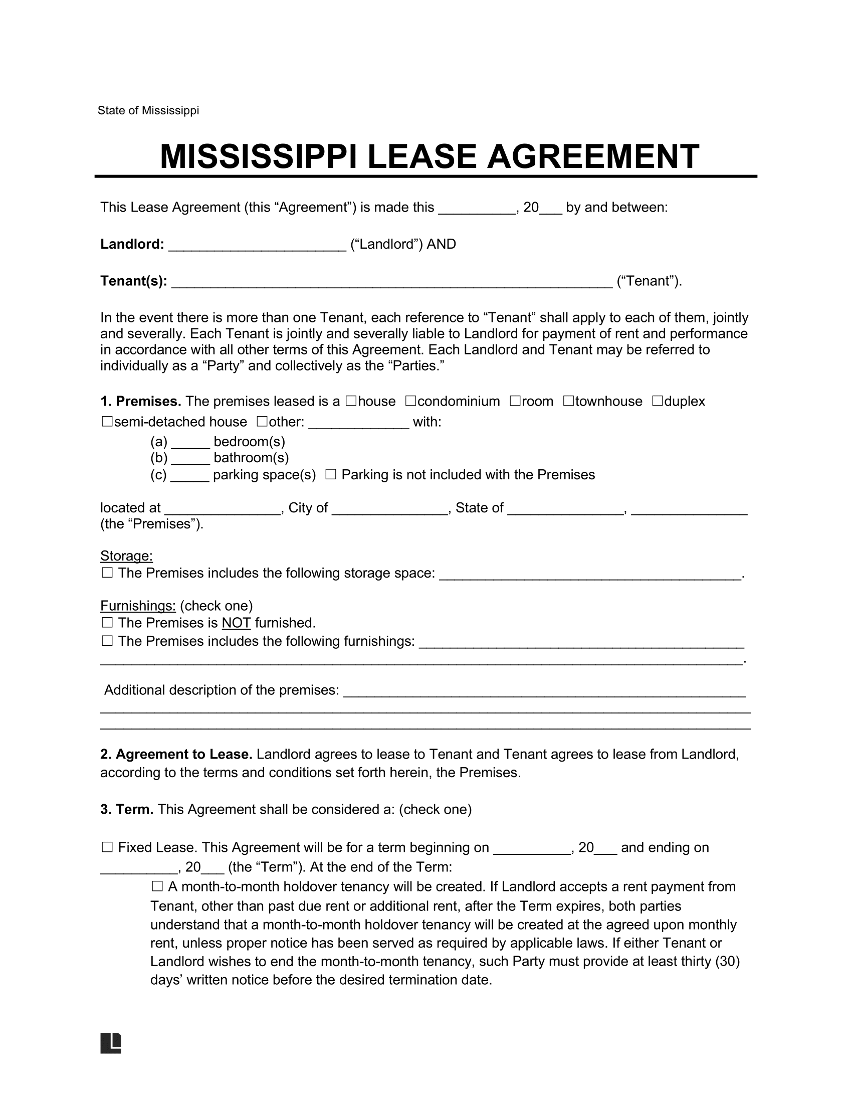 Mississippi Lease Agreement Template