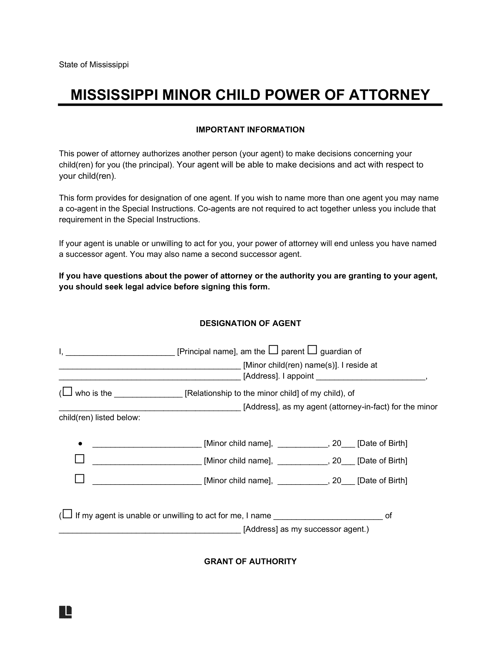 Mississippi Minor Child Power of Attorney Form