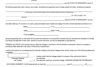 Mississippi Motor Vehicle Power of Attorney Form 78-003-21-8-1-000