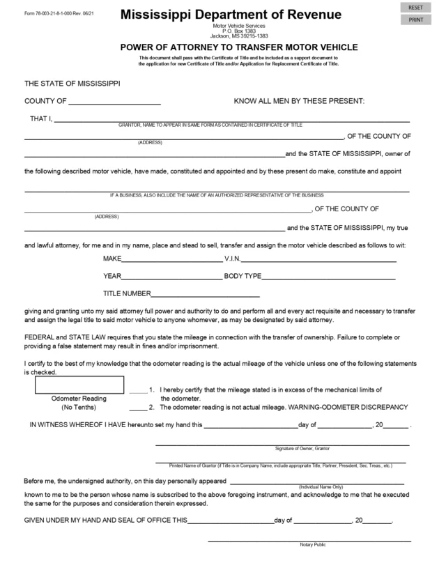 Mississippi Motor Vehicle Power of Attorney Form 78-003-21-8-1-000