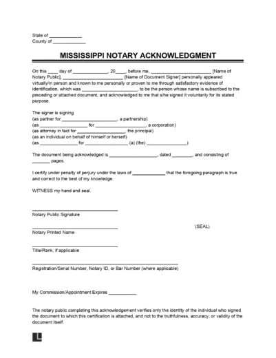 Mississippi Notary Acknowledgment Form