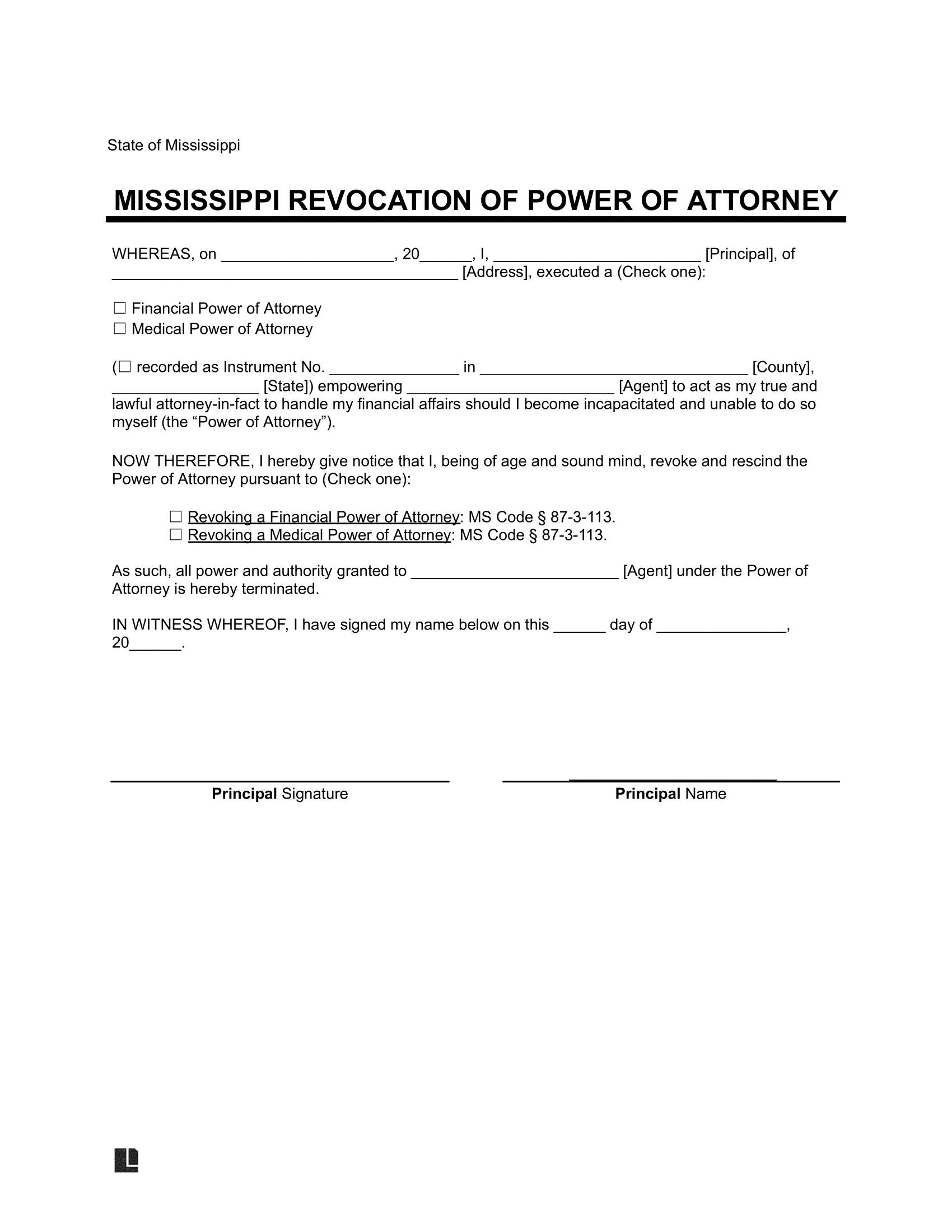 Mississippi Revocation Power of Attorney Form