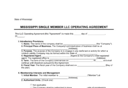 Mississippi Single Member LLC Operating Agreement Form