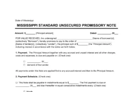 Mississippi Standard Unsecured Promissory Note Template