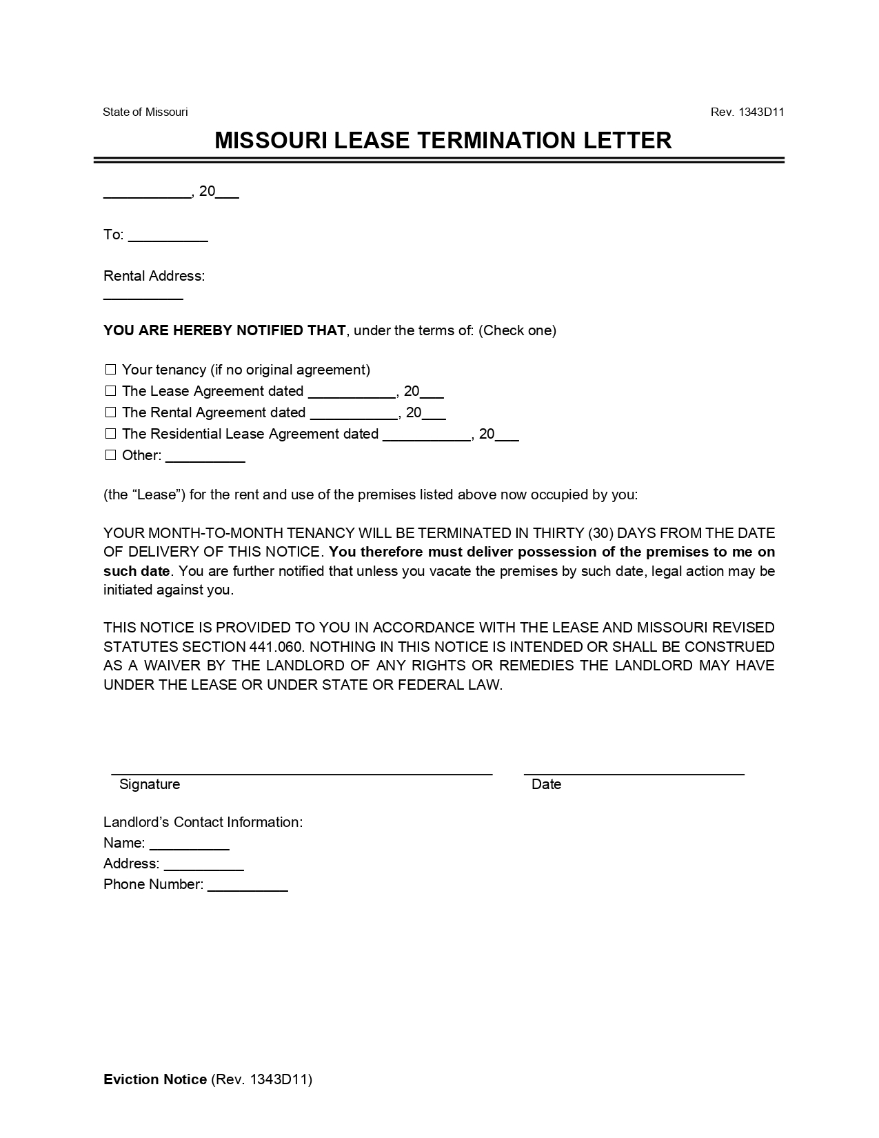 Missouri Lease Termination Letter (30-Day Notice)