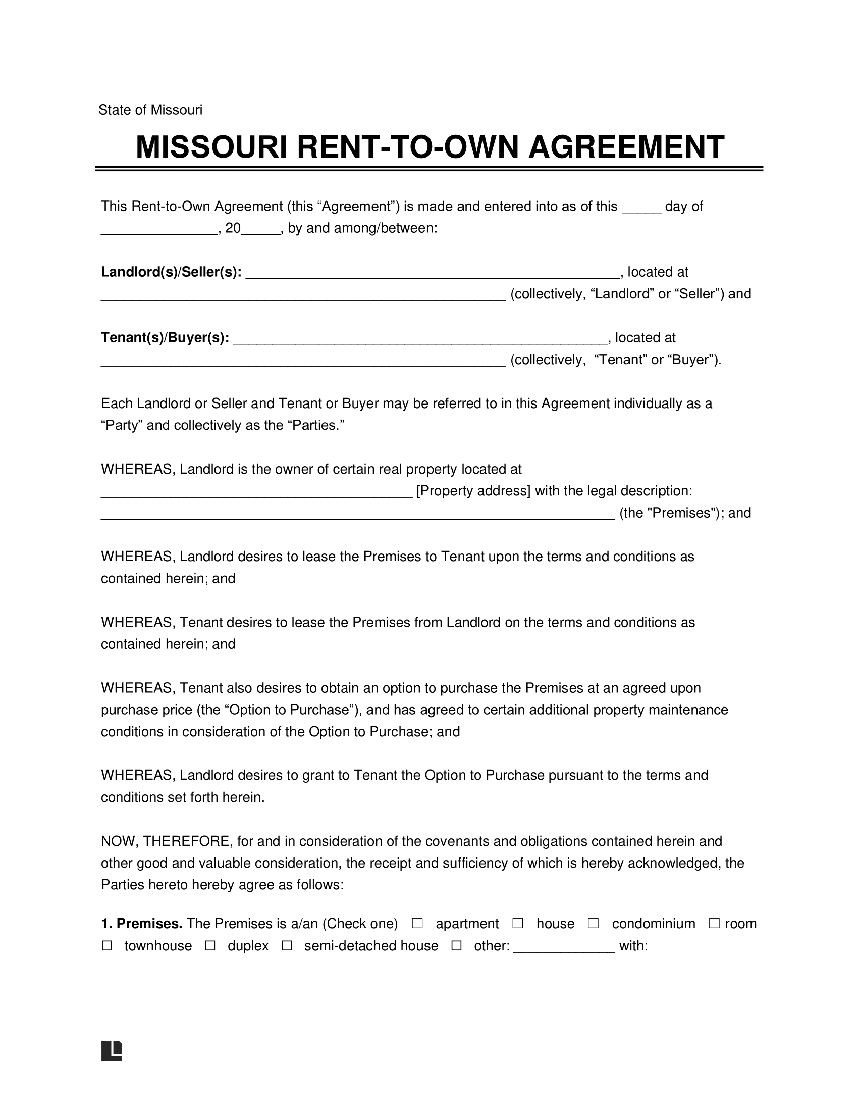 Missouri Lease-to-Own Option-to-Purchase Agreement