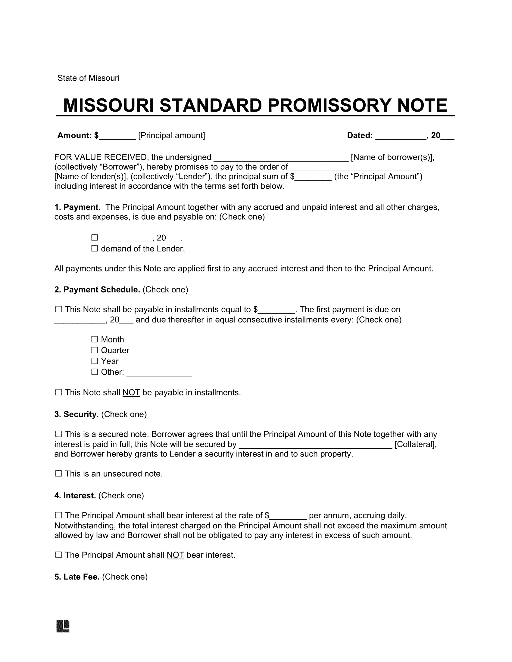 Missouri Standard Promissory Note Template