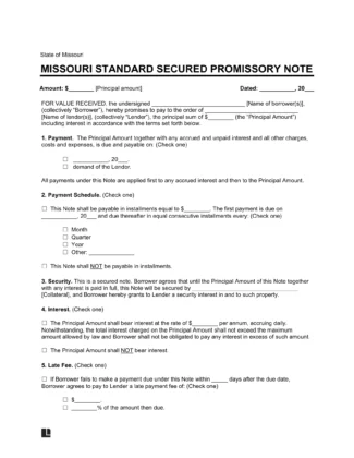 Missouri Standard Secured Promissory Note Template