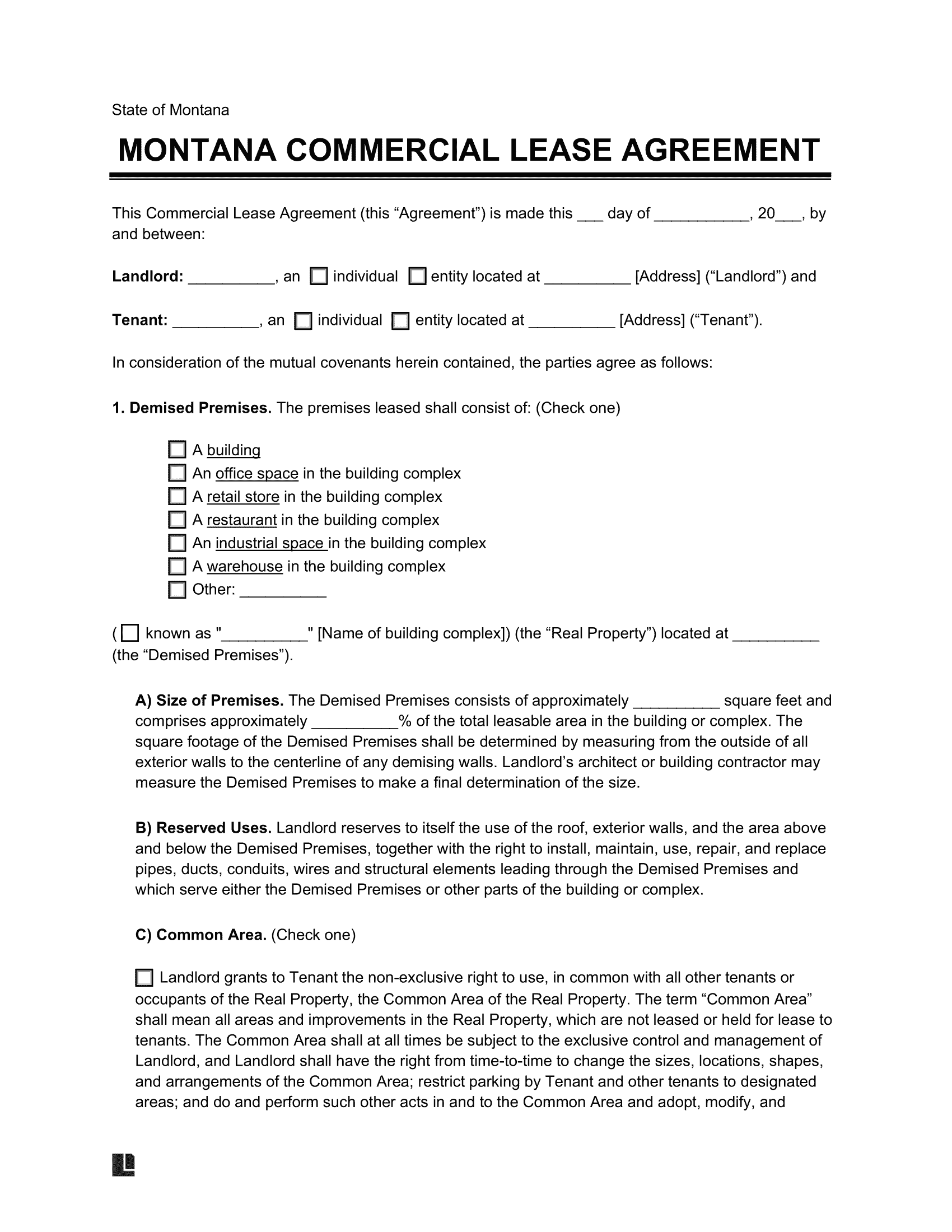 Montana Commercial Lease Agreement