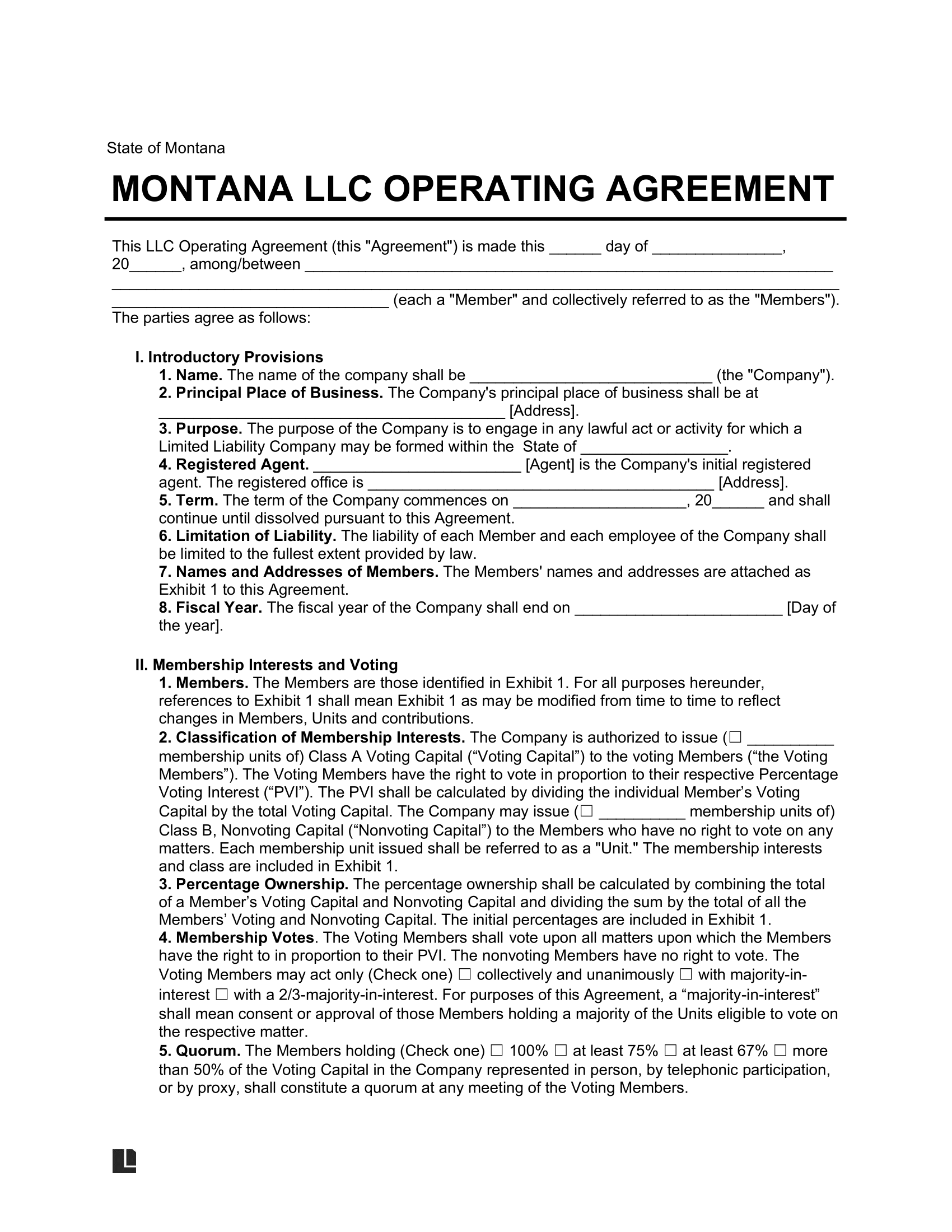 Montana LLC Operating Agreement