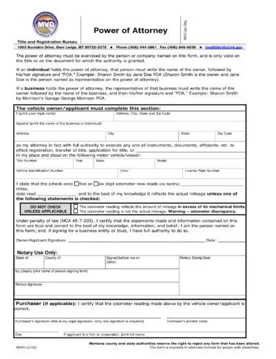 Montana Motor Vehicle Power of Attorney (Form MV65)