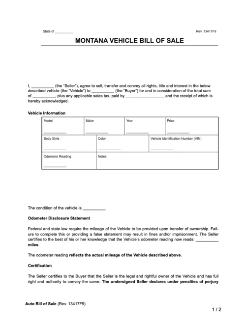 Montana vehicle bill of sale form