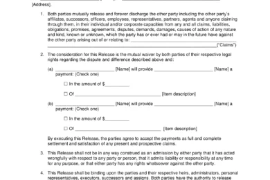 Mutual Release of Liability (Waiver) Agreement Form 