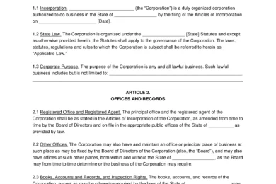 Nebraska Corporate Bylaws Template