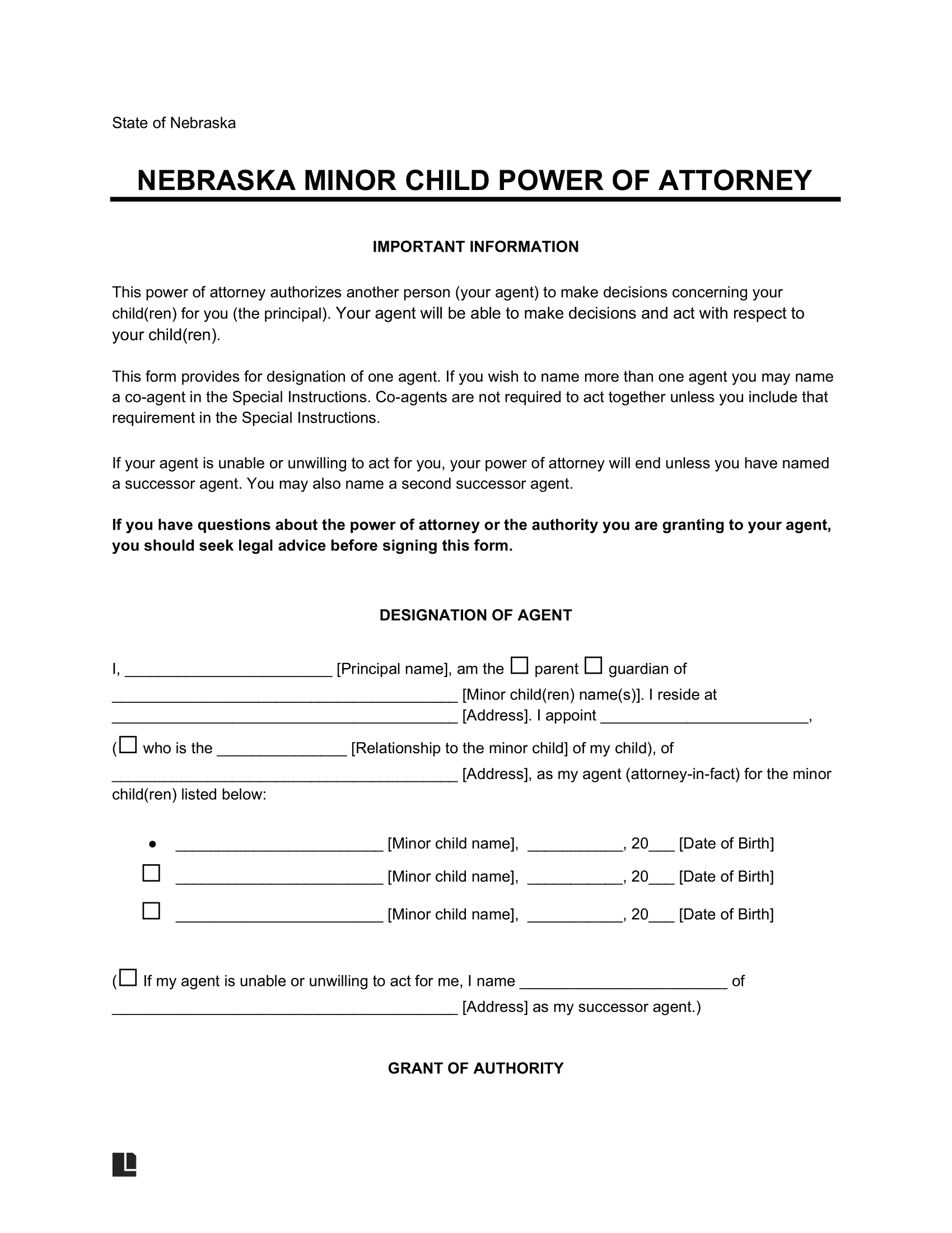 Nebraska Minor Child Power of Attorney Form