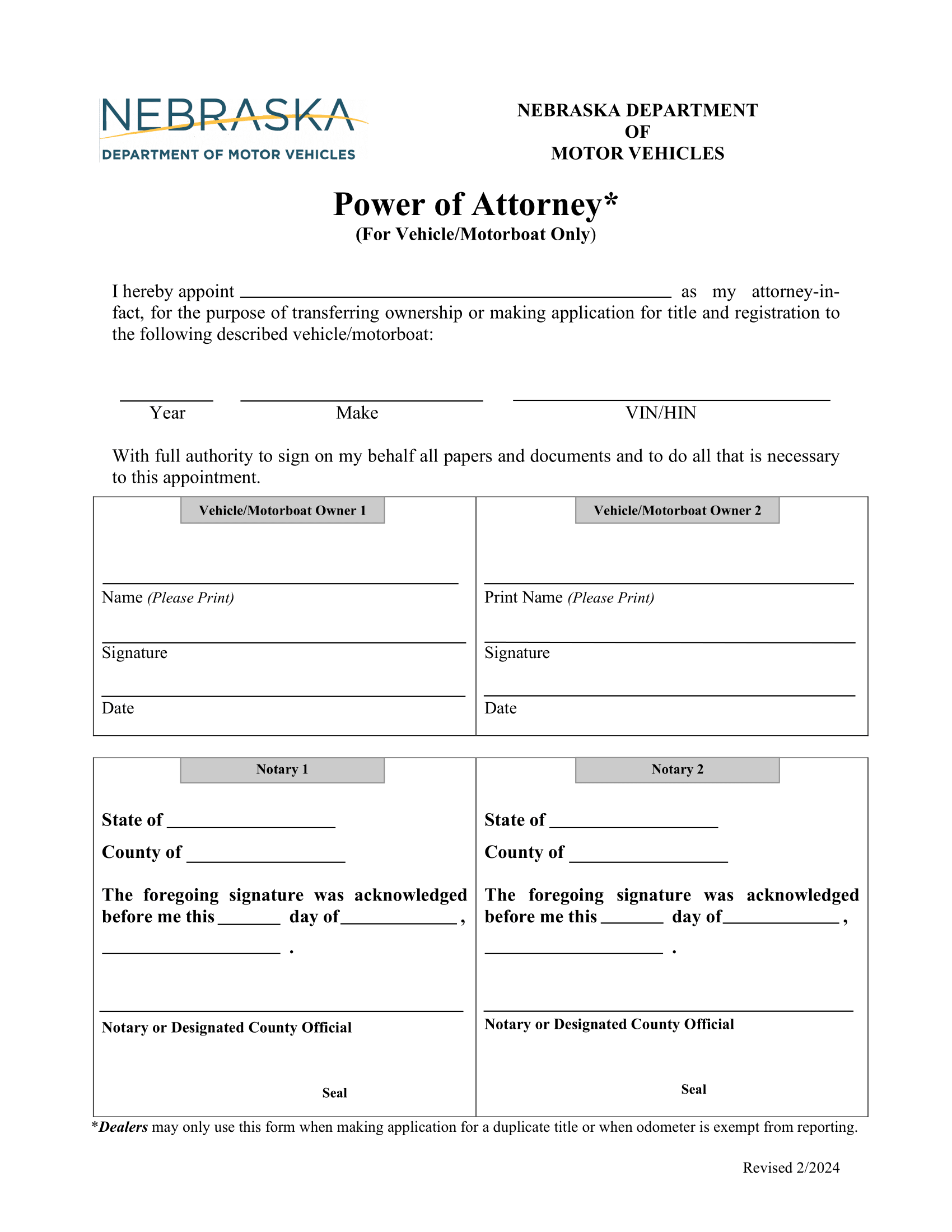 Nebraska Motor Vehicle Power of Attorney Form