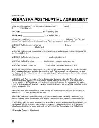 Nebraska Postnuptial Agreement Template