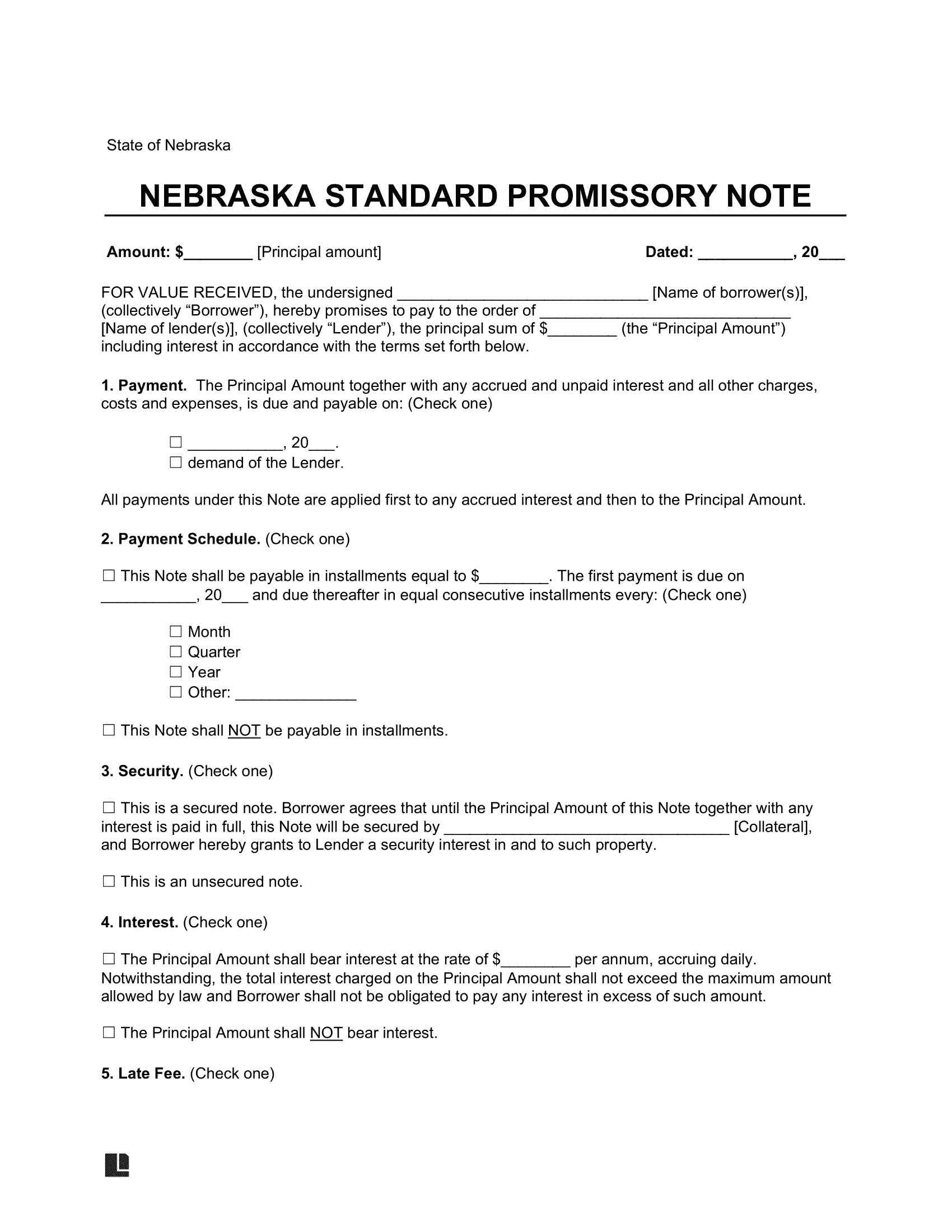 Nebraska Standard Promissory Note Template