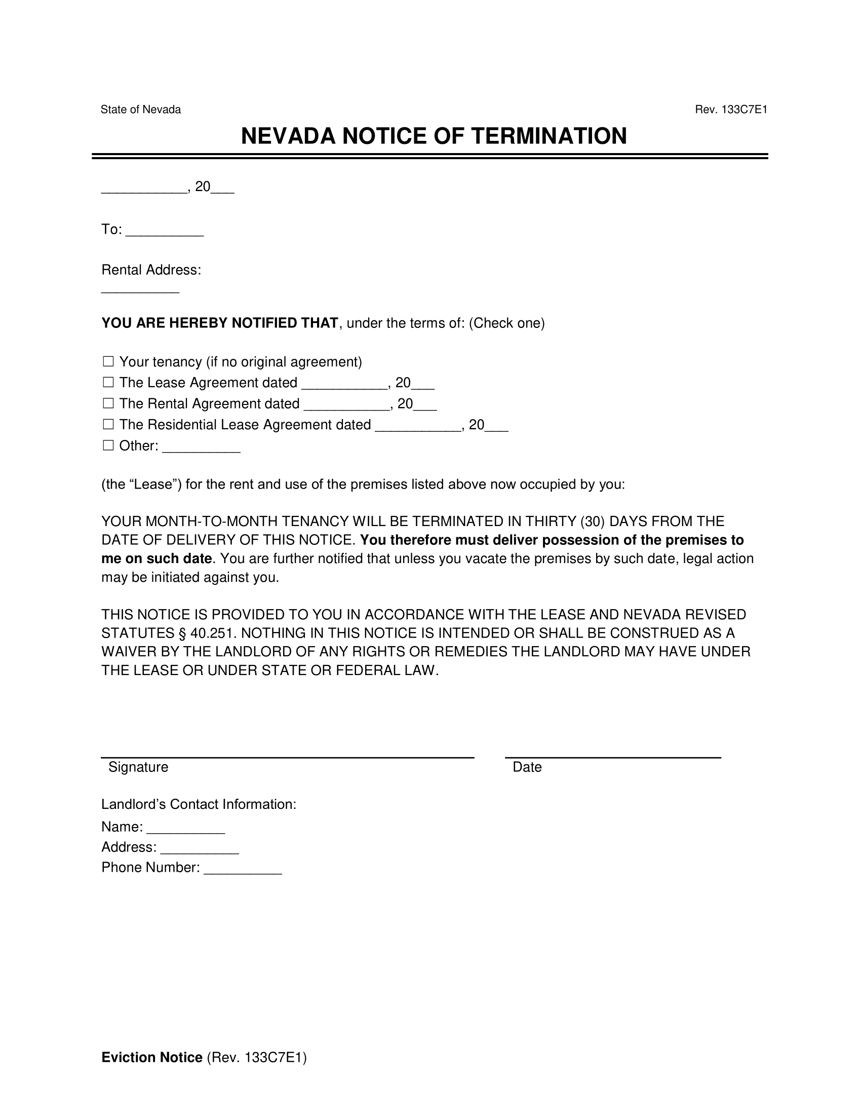 Nevada Lease Termination Letter