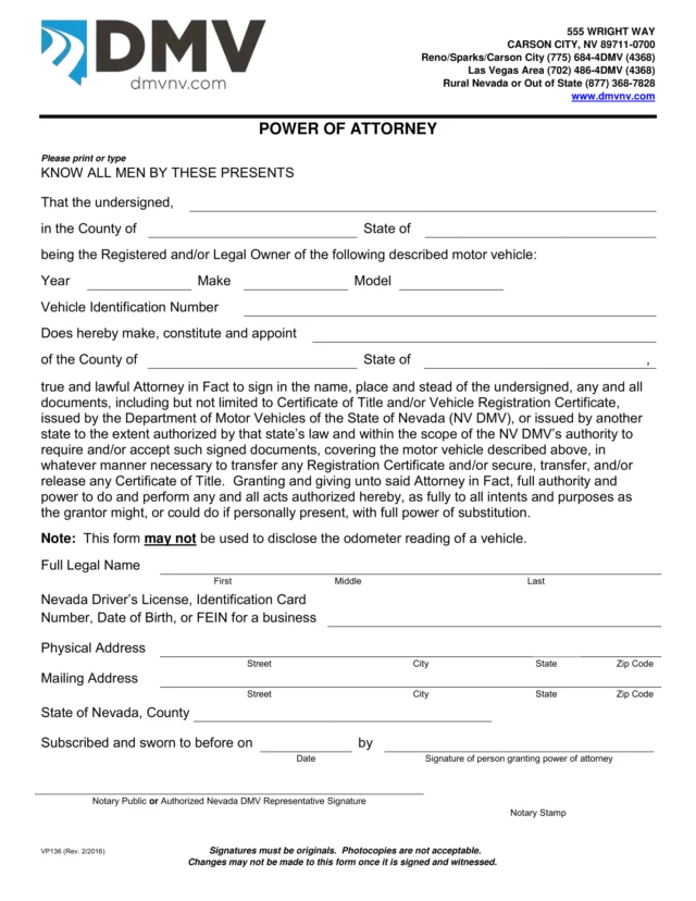 Nevada Motor Vehicle Power of Attorney Form
